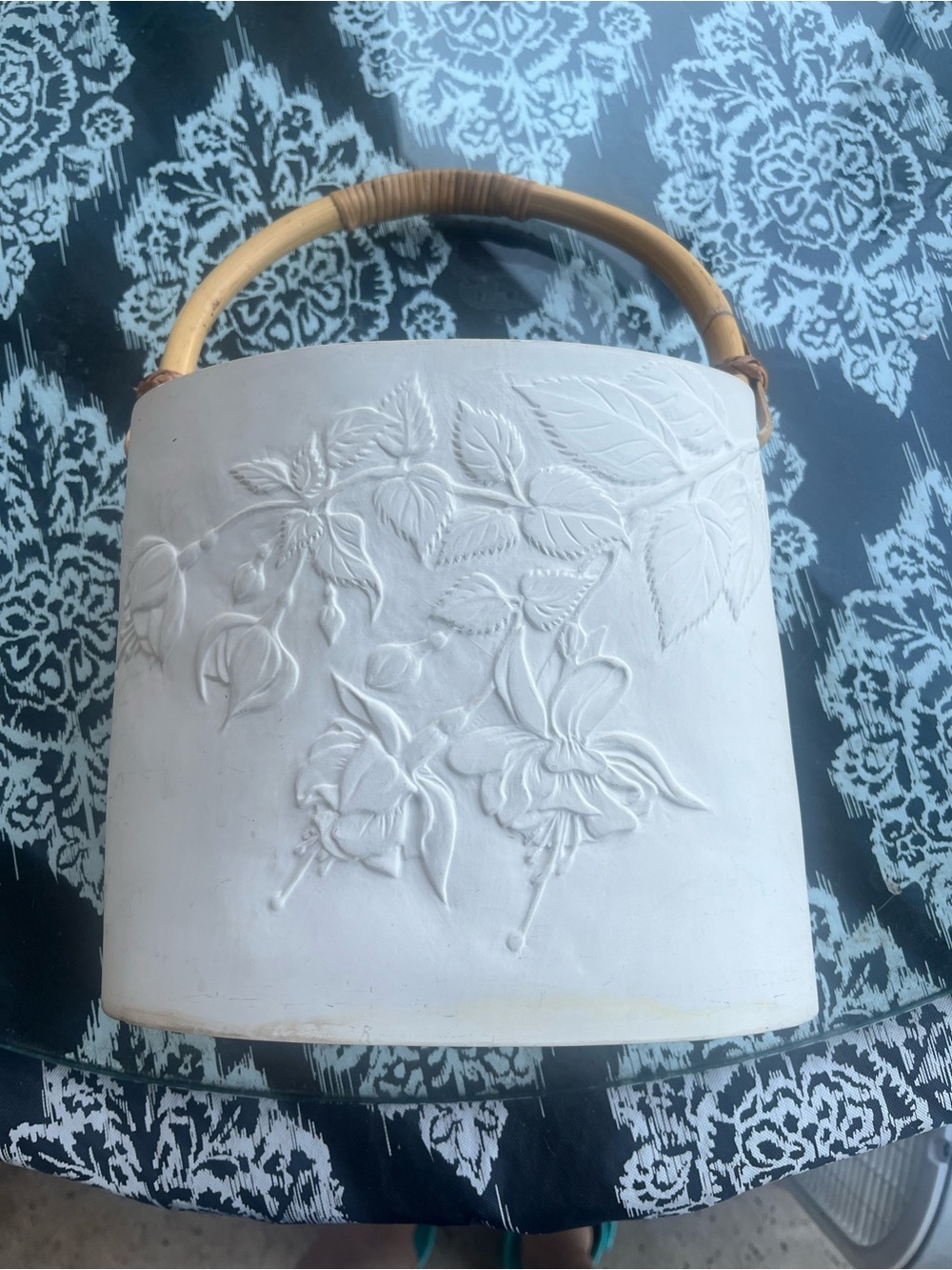 White Floral Ceramic Basket with Natural Handle - Elegant Home Accent